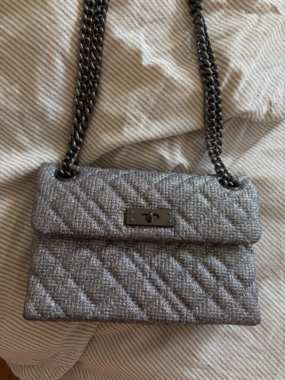 Kurt Geiger Quilted Silver Metallic Chain-Shoulder Bag